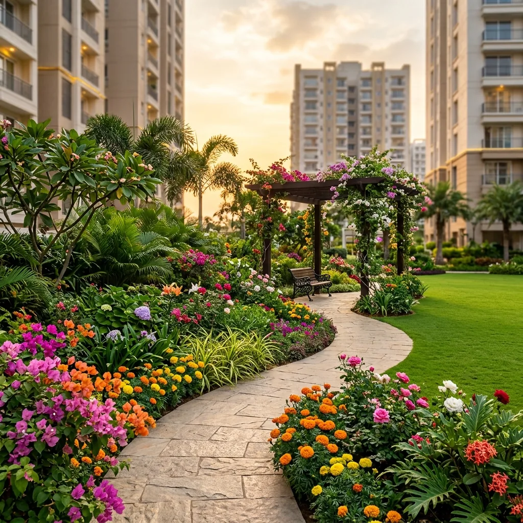 Landscaped flower garden with pergola and walkway