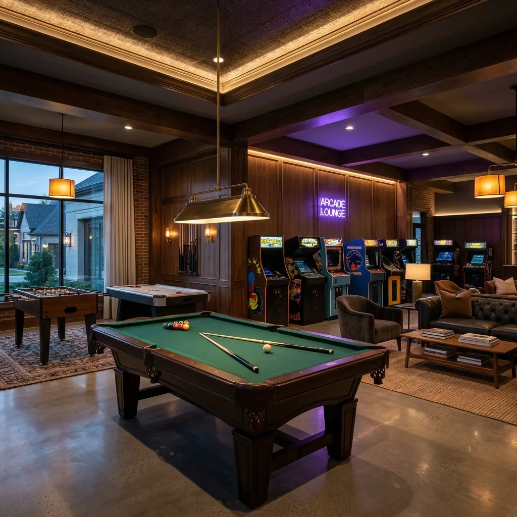 Gaming arcade lounge with pool table and arcade machines