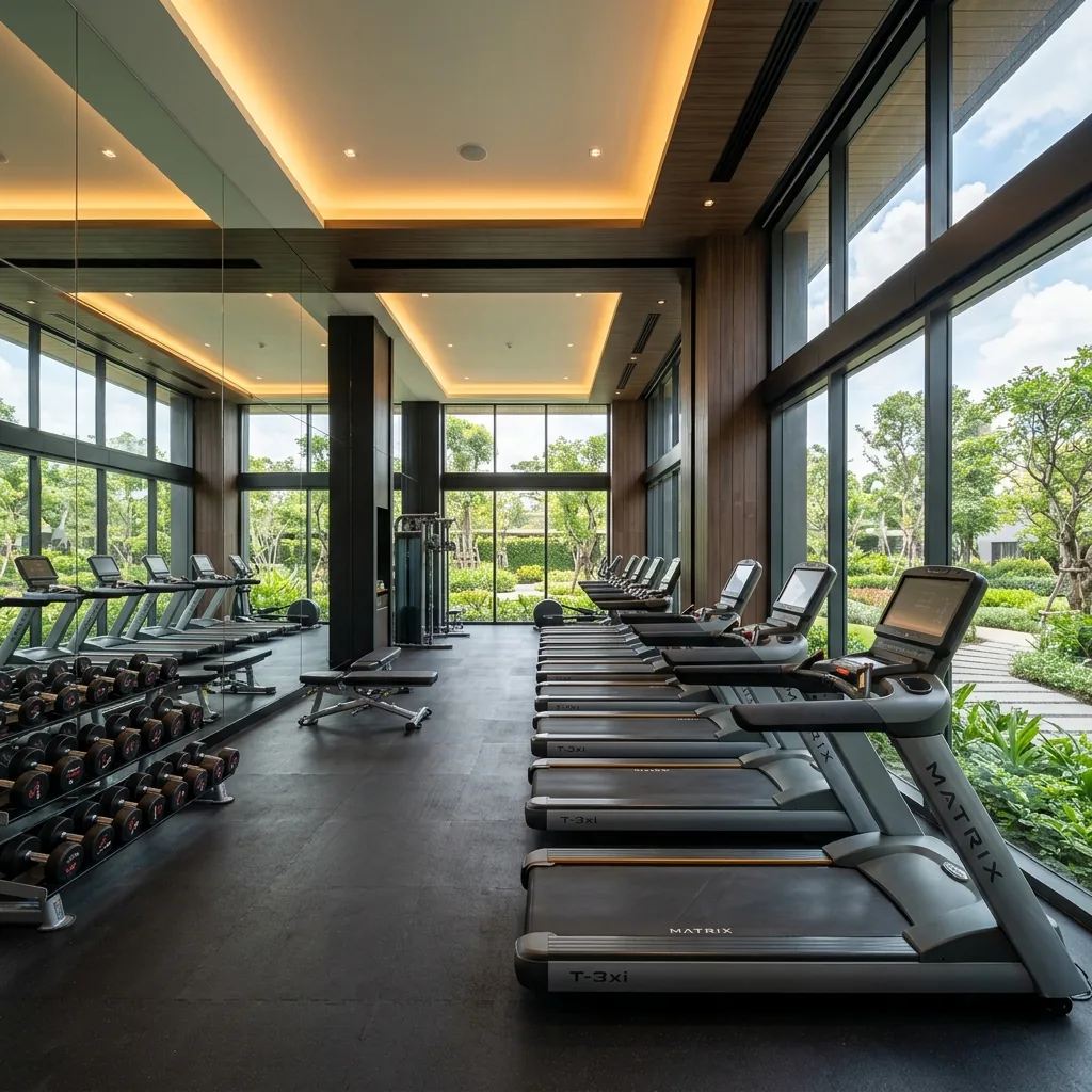 Modern fitness center with treadmills overlooking greenery